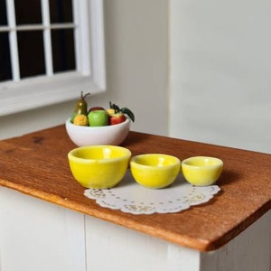 Dollhouse miniature set 3, ceramic mixing bowls, kitchen bowl set, yellow colour.