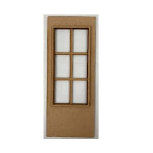May include: A brown wooden door with a window featuring six panes of glass. The door is made of cardboard and is designed for dollhouses or miniature projects.