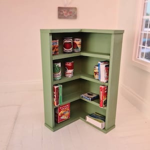 1:24 scale,bookshelf,pantry,dollhouse,miniatures,furniture,walkinpantry,cornershelf,cabinet,halfscale,wardrobeshelves,corner cabinet,kitchen