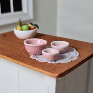 Dollhouse miniature set 3, ceramic mixing bowls, kitchen bowl set, pink colour.
