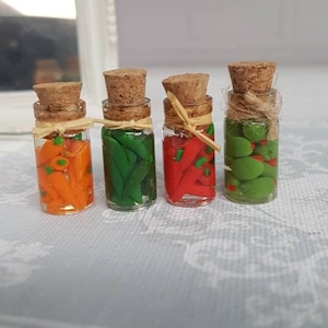 Miniature Jars set 4: Handmade Clay Preserves, carrots, green peppers, red peppers and olives.