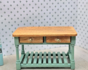 Dollhouse wooden 1:24 scale kitchen work bench, Island with two working drawers.