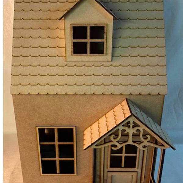 1:24 scale roombox kit, two storey dollhouse kit, cottage style dollhouse roombox with verandah.