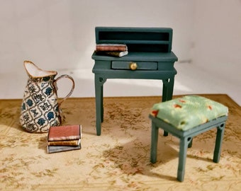 1:24 scale,half scale,miniatures,dollhouse furniture,miniature furniture,vintage,writing desk, desk,stool,rustic,roombox furniture,cottage