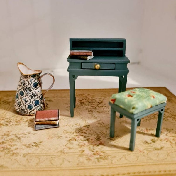 1:24 scale,half scale,miniatures,dollhouse furniture,miniature furniture,vintagestyle,writing desk, desk,stool,roombox furniture.