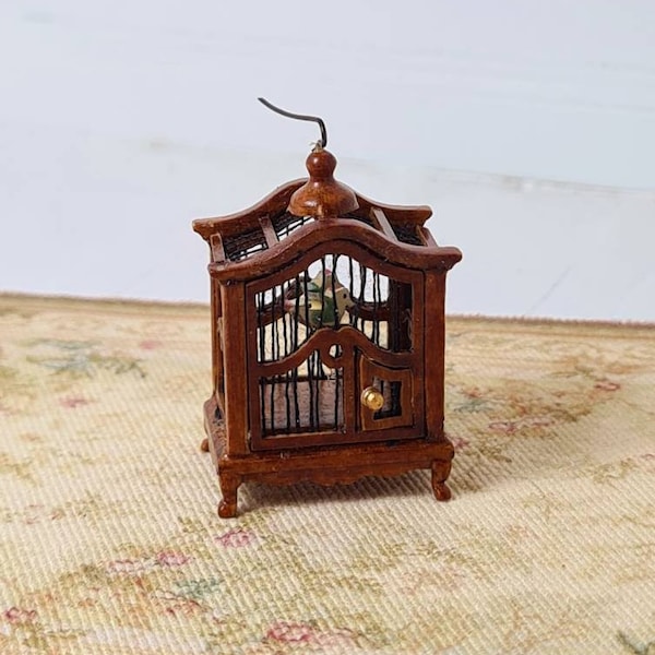 Dollhouse miniature birdcage, hand made walnut bird cage with 2 little love birds, miniature love birds.