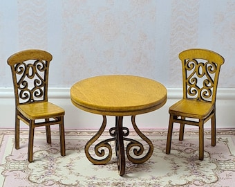 1:24 scale 3pc dining set,  table and two chairs, timber stain.