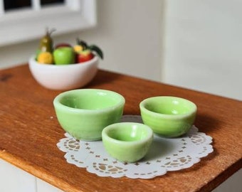 Dollhouse miniature set 3, ceramic mixing bowls, kitchen bowl set, green colour.