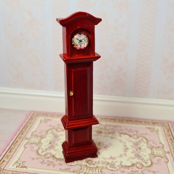 1:24 scale Mahogany grandfather style clock, dollhouse clock, dollhouse standing clock.