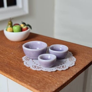 Dollhouse miniature set 3, ceramic mixing bowls, kitchen bowl set, lilac colour.