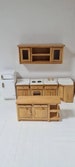 1:24 scale 7pc Oak kitchen set, kitchen cabinets, island, fridge, sink, oven, overhead double cabinet. 