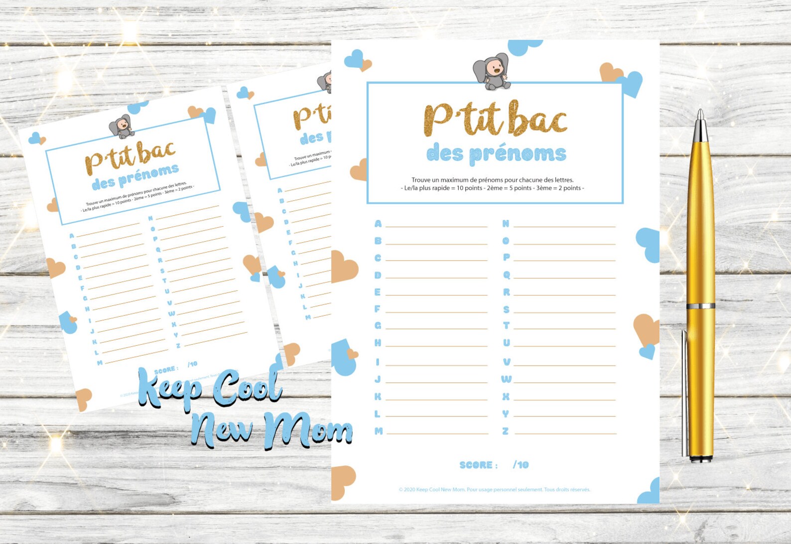 Jeu le petit bac des prénoms pour baby shower garçon, téléchargement