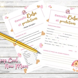 Jeu baby shower, imprimable, jeu prédictions bébé, animation baby shower fille