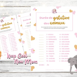 Baby shower game, printable, animal gestation quiz, girl baby shower animation