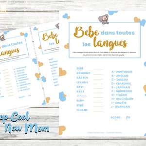 Baby shower game, printable, baby game in all languages, boy baby shower animation