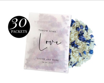 30 paquets de confettis personnalisés biodégradables | Confettis de mariage de pétales de fleurs véritables | Naturel | Nouveaux paquets de noms d'amour