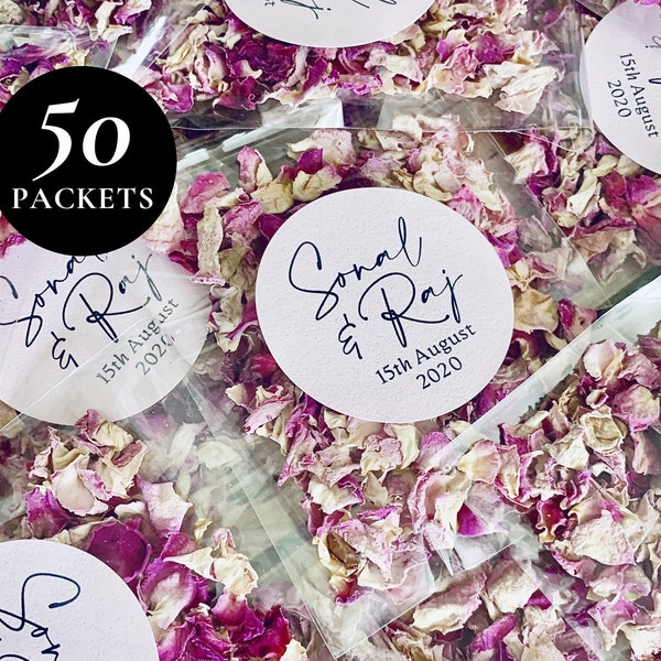 50 x Personalised Name Sticker Clear Confetti Packet | Real Flower Petal Wedding Confetti | Natural | Personalised