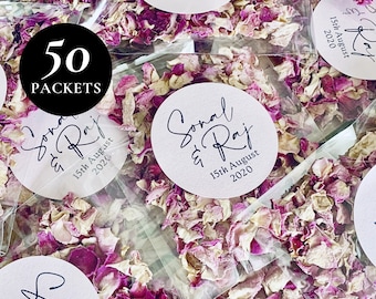 50 x Personalised Name Sticker Clear Confetti Packet | Real Flower Petal Wedding Confetti | Natural | Personalised