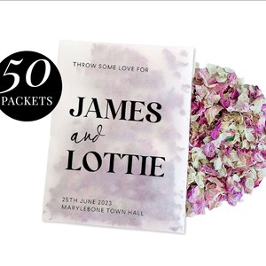 50 x Biodegradable Personalised Confetti Packets | Real Flower Petal Wedding Confetti | Natural | Throw Serif Name Packets