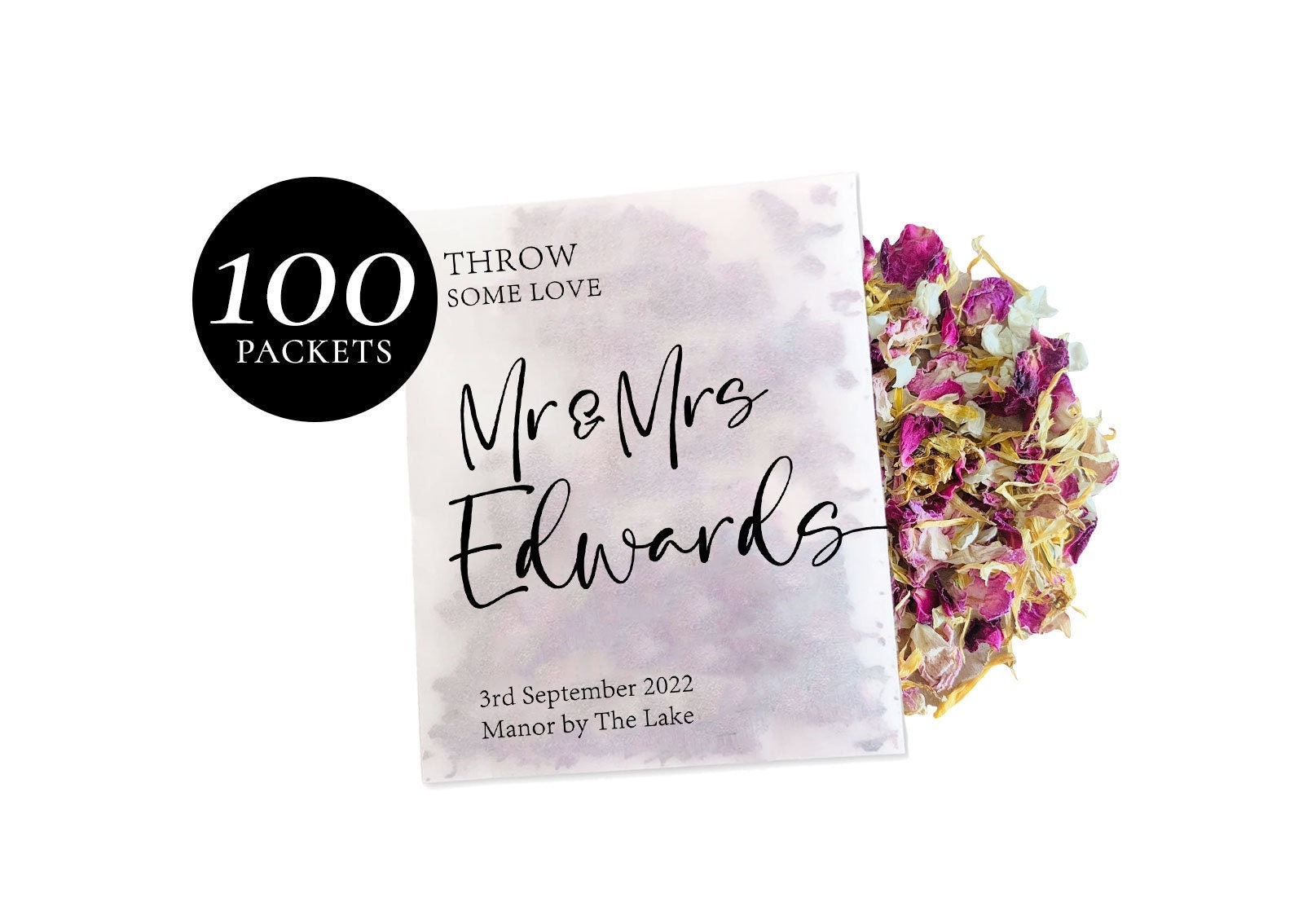 100 x Biodegradable Personalised Confetti Packets | Real Flower Petal Wedding Confetti | Natural | Throw some Love Packets