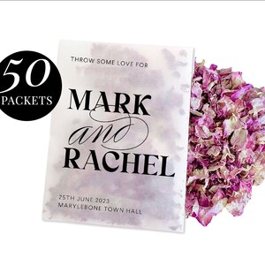 50 x Biodegradable Personalised Confetti Packets | Real Flower Petal Wedding Confetti | Natural | Serif Throw Name Packets