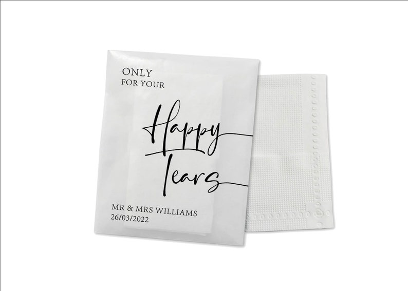 Happy Tears Personalised Tissue Packets Wedding Tissues Wedding Guests Biodegradable Packets Only For Your Happy Tears image 1