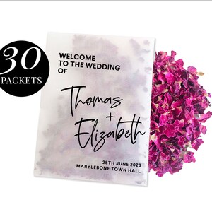 30 x Biodegradable Personalised Confetti Packets | Real Flower Petal Wedding Confetti | Natural | Welcome Bold Name Packets