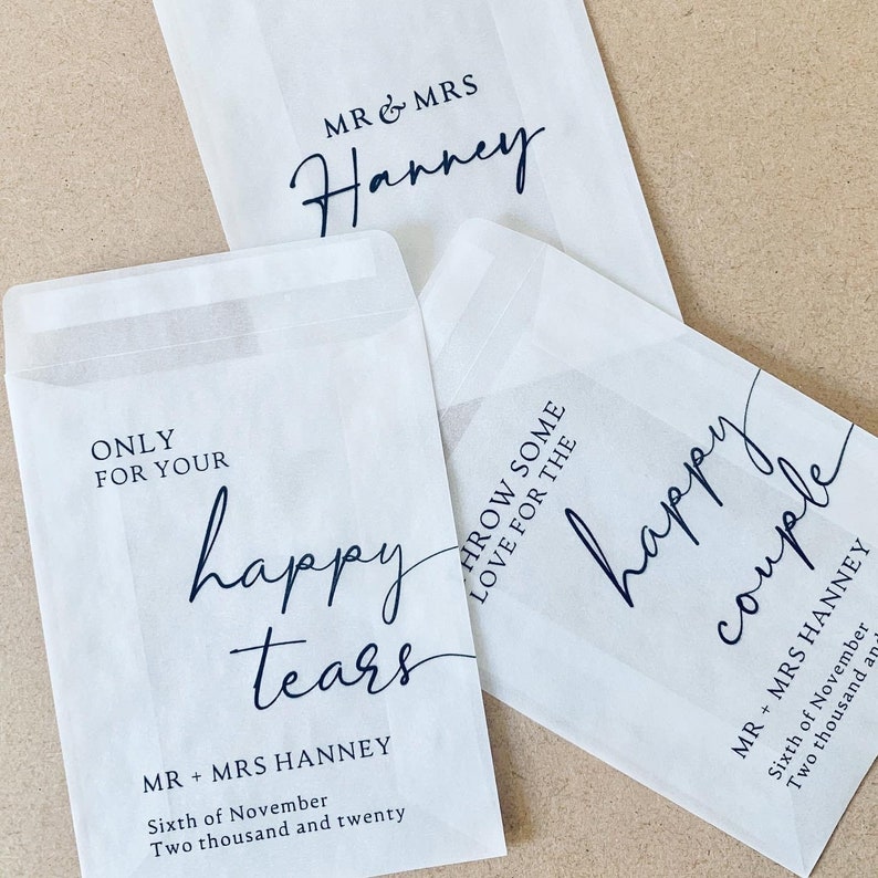 Happy Tears Personalised Tissue Packets Wedding Tissues Wedding Guests Biodegradable Packets Only For Your Happy Tears image 3