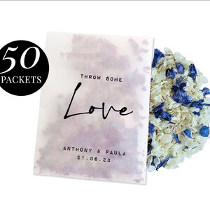 50 x Biodegradable Personalised Confetti Packets | Real Flower Petal Wedding Confetti | Natural | New Love Stamp Name Packets