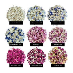 May include: Nine different colors of dried flower petals, arranged in a grid. The colors include ivory, pale blue, dark blue, pink, burgundy, and a mix of all colors. The petals are labeled with their color combinations.