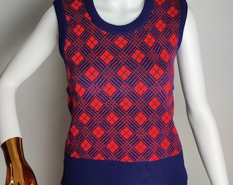 Geometric Wool Blend Vest, 80s Argyle Sleeveless Sweater, Womens Nordic Sweater, Scandinavian Pattern Vest, Norwegian Fair Isle Knitwear, S
