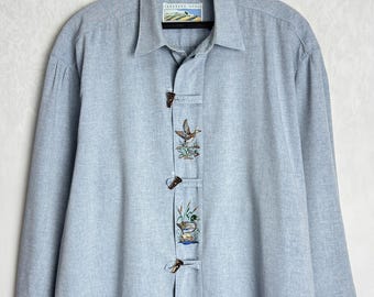 Mallard Duck Embroidery Shirt, Austrian Folk Shirt, Trachten Cotton Button Up, Oktoberfest Tyrol Blouse, German Bavarian Alpen Shirt, XXL