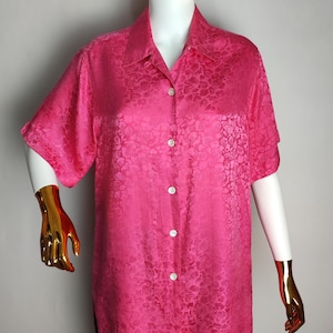 90s Pink Silk Shirt, Oversized Silk Blouse, Short Sleeve Button Up, Women Collared Blouse, Floral Pattern Summer Top, Pure Silk Clothing, XL
