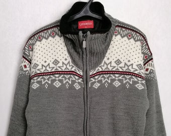 GIESSWEIN Full Zip Sweater, Nordic Pattern Fleece Jacket, Norwegian Ski Sweater, Scandinavian Wool Sweater, Snowflake Warm Jacket, Size XL