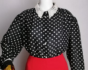 80s Polka Dot Blouse, Floral Lace Collar Blouse, Oversized Black Shirt, Secretary Shoulder Pads Blouse, Polyester Long Sleeve Top, Size 4XL