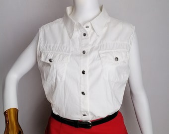 VERSACE JEANS COUTURE Cotton Top, Medusa Button Up Blouse, Gianni Versace White Sleeveless Shirt, Y2K Authentic Italian Designer, Size xl