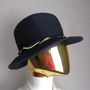 NAGY WIEN Vintage Hat, 80s Wool Felt Hat, Wide Brim Fedora Hat, Womens Navy Blue Hat, Elegant Mod Hat, Made In Austria Ladies Hat, Size 54