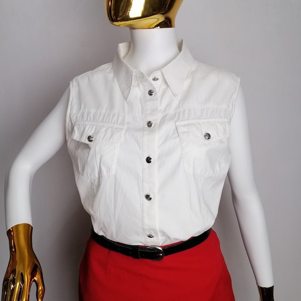 VERSACE JEANS COUTURE Cotton Top, Medusa Button Up Blouse, Gianni Versace White Sleeveless Shirt, Y2K Authentic Italian Designer, Size xl