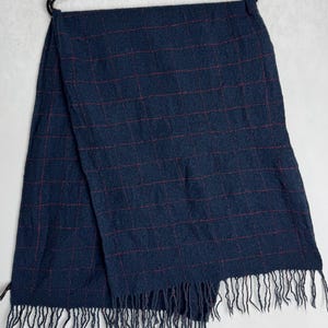 ETRO Vintage Wool Scarf, 90s Italian Designer Unisex Scarf, Navy Blue Red Windowpane Check Scarf, Casual Plaid Fringed Wrap, Made In Italy