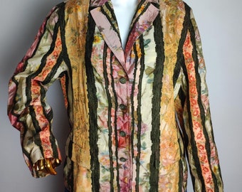 Kurtka festiwalowa Unique Boho, kurtka damska Y2K Patchwork, wielokolorowa marynarka w paski z kwiatowym nadrukiem, artystyczna marynarka Boho z lat 90., sztuka do noszenia, XL