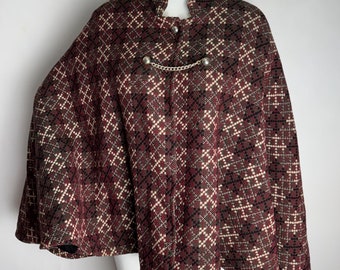 60s Welsh Tapestry Coat, Vintage Virgin Wool Cape Coat, Geometric Pattern Woven Short Poncho, Womens Traditional Tweed Cape, Made In Wales
