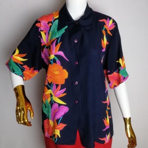 80s Floral Print Blouse, Colorful Hawaiian Summer Shirt, Made In France Retro Blouse, Botanical Pattern Blouse, Short Sleeve Viscose Top, L