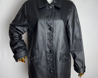 90s Womens Leather Coat, Black Embroidered Jacket, Italian Real Leather Coat, Genuine Leather Long Jacket, Motorcycle Biker Rocker Coat, M
