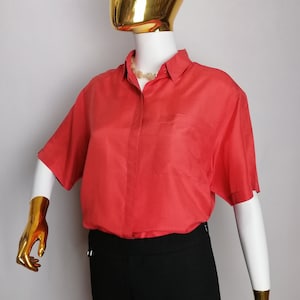80s Red Silk Blouse, Oversized Silk Shirt, Short Sleeve Button Up, Elegant Collared Blouse, Summer Silk Top, Ladies Feminine Blouse, Size XL