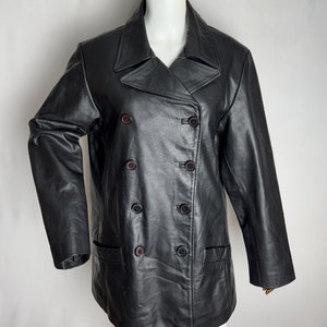 90s Womens Leather Coat, Black Double Breast Jacket, Real Leather Trench Coat, Genuine Leather Long Jacket, Motorcycle Biker Rocker Coat, L