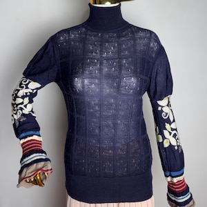JUST CAVALLI Wool Turtleneck Sweater, Y2K Italian Designer Boho Sweater, 2000s Roberto Cavalli Unique Sweater, Navy Blue Long Sleeve Top, M