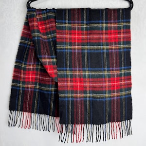 Vintage Wool Scarf, Tartan Plaid Long Scarf, Check Muffler Scarf, Virgin Wool Accessories, Warm Winter Fringe Scarf, Unisex Tassels Scarf