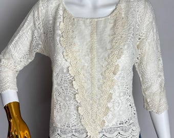 Vintage Cotton Lace Blouse, Elegant Crochet Boho Top, Romantic Cream White Cottagecore Blouse, Feminine Delicate Ivory Victorian Blouse, S