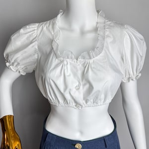 Dirndl Cropped Top, Puff Sleeve Austrian Blouse, White Cotton Trachten Top, Oktoberfest Tyrolean Alpen Blouse, German Bavarian Crop Top, M