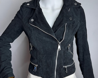 Women Real Suede Jacket, Classic Biker Leather Jacket, Black Motorcycle Jacket, Genuine Leather Zip Up Jacket, Aviator Pilot Moto Jacket, XS